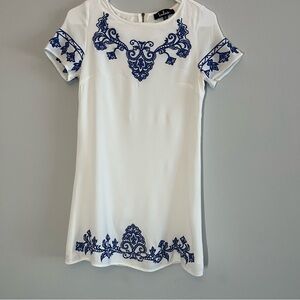 Lulus Dress Women's Tale To Tell Ivory Blue Embroidery Lined Short Sleeves XS